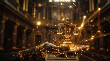 Court of Law and Justice Trial Session Imparcial Honorable Judge Pronouncing Sentence, striking Gavel. Focus on scales of justice ,Mallet, Hammer. Attorney lawyers in the digital consultant. hologram.