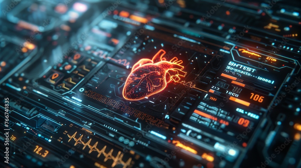 Poster a close - up of a minimalist heart rate monitor screen displaying futuristic cardiac data and vital 