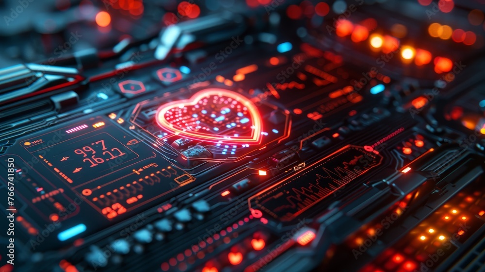 Poster a close - up of a minimalist heart rate monitor screen displaying futuristic cardiac data and vital 