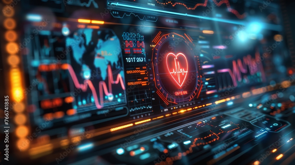 Poster a close - up of a minimalist heart rate monitor screen displaying futuristic cardiac data and vital 