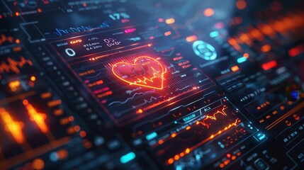 Fototapeta na wymiar A close - up of a minimalist heart rate monitor screen displaying futuristic cardiac data and vital signs 