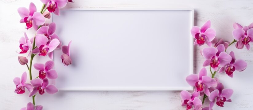 A white picture frame filled with pink orchids on a clean white background. The delicate petals contrast beautifully with the vibrant violet hues creating a stunning floral display