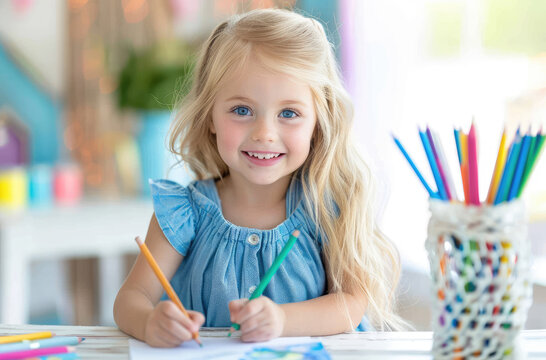 A cute little girl is drawing with crayons at the table, wearing blue dress and smiling to camera