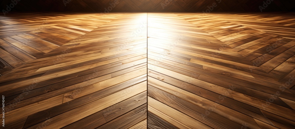 Poster Sparse light filters through the intricate patterns of a wooden floor, creating a warm and inviting atmosphere