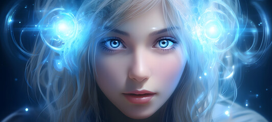 Naklejka premium Heavenly third eye girl with blue eyes, ai generative
