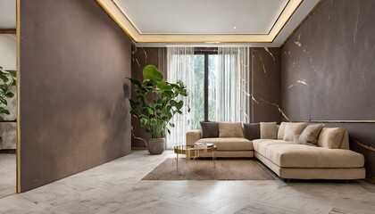 Luxury living room, marble and gold wall, modern light, dark brown wall