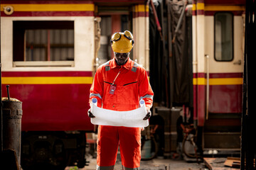 Portrait of railway technician worker in safety vest and helmet working with blueprint at train repair station