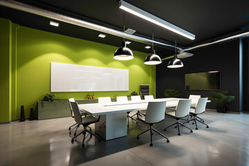 A sleek meeting room with a combination of white and lime green walls, polished concrete floors, and modern pendant lighting for a fresh and modern look.