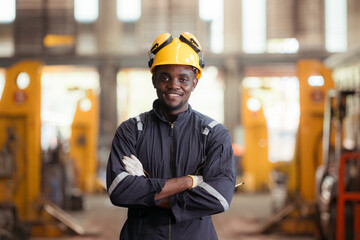 Portrait of railway technician in uniform and safety helmet working on train repair station