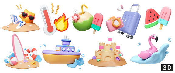 3d render illustration. a large collection of icons on the theme of summer for outdoor trip vacation isolated in white background design. © MeepianGraphic