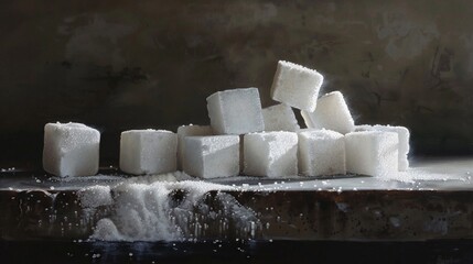 the artwork shows white sugar cubes on the table, interplay of light - obrazy, fototapety, plakaty