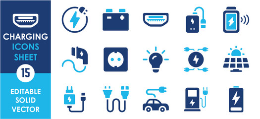 Charging flat icons set. Electricity, battery, energy, recharge, electric, electric car and so on. Flat energy icons set.