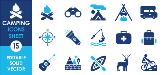 Camping flat icons set. Camp, domestic tourism, hiking, picnic and so on. Flat vector travel and hike icons set. - obrazy, fototapety, plakaty