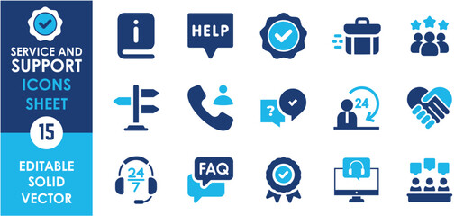 Customer service and support flat icons set. Service, mutual aid, quick, helpdesk and so on. Flat icons related to customer care.