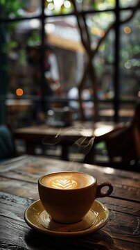 The captivating ambiance of a cafe with an image showcasing a perfectly brewed cup of coffee, the barista s artistry through beautiful latte art, while the steam rises gracefully from the cup