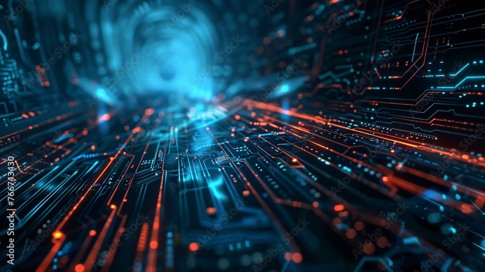 Poster futuristic technology with a circuit and connecting dots pattern with a blue and orange light backgr