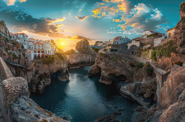 Photo of a slime city in Portugal with white houses overlooking the sea, a small natural pool on the cliff side, a colorful sky at sunset, sea waves crashing against rocks - Powered by Adobe