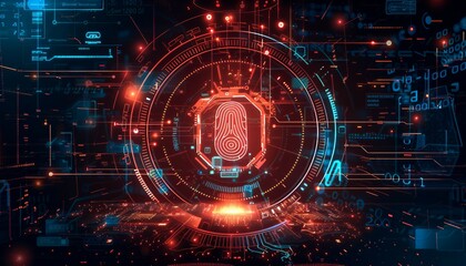 Biometric Lockdown, computer security with an image featuring biometric authentication methods like fingerprint or facial recognition, AI - obrazy, fototapety, plakaty
