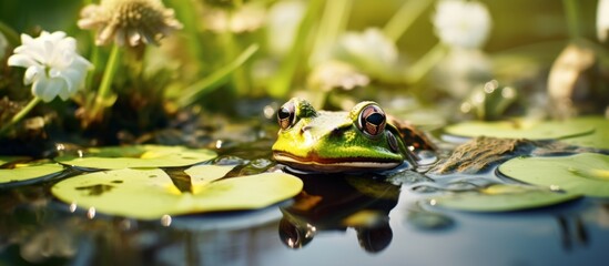 A frog is perched on a lily pad in a tranquil pond surrounded by water, aquatic plants, and lush...
