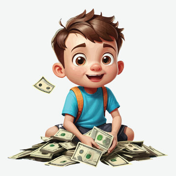clipart kid saving money, vector isolated