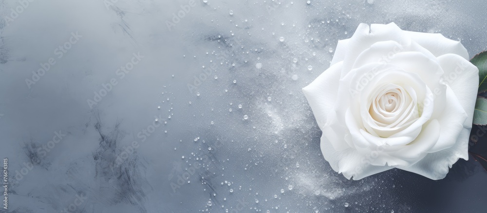 Poster white rose petals covered in tiny water droplets rest on a smooth gray background with a soft textur