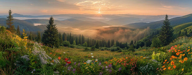 A panoramic view of the Carpathian Mountains at sunrise, with mist rolling over hills covered in wildflowers and pine forests - Powered by Adobe