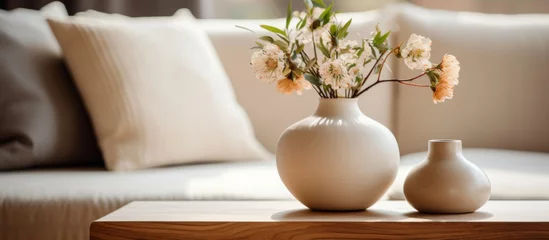 Foto auf Acrylglas A flowerpot filled with colorful blooms rests on a wooden table in front of the couch. The porcelain vase adds a touch of elegance to the rooms decor © AkuAku