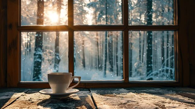Winter Morning Brew: Savor a cup of coffee by the window amidst a serene winter landscape, where the frost-kissed scener Seamless looping 4k time-lapse virtual video animation background. Generated AI