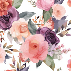 Seamless floral pattern with roses watercolor. Vect