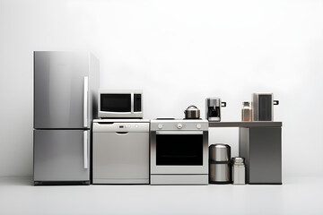 Showcase of Modern Household Appliances against White Backdrop: Fridge, Washing Machine, Microwave, Stove, Blender, Iron