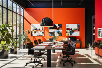 A bright and invigorating meeting room with vibrant coral walls, sleek black furniture, and large windows allowing for ample natural light.