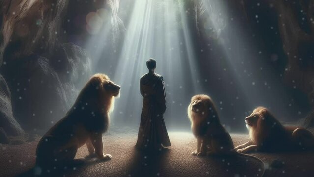 Illustration of Prophet Daniel with Three Lions in a Cave