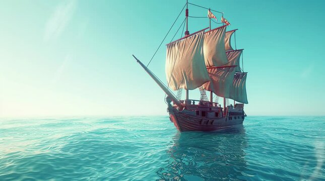 Sunny Day Sail: Bask in the sunshine aboard a ship sailing on the calm ocean waters, where the clear blue skies and gent Seamless looping 4k time-lapse virtual video animation background. Generated AI