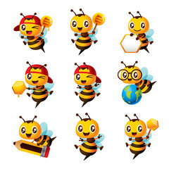 Cartoon cute bee mascot set. Cartoon cute bee showing different pose with holdin honey dipper, pencil, globe, honeycomb sign and wearing cap. Illustration isolated