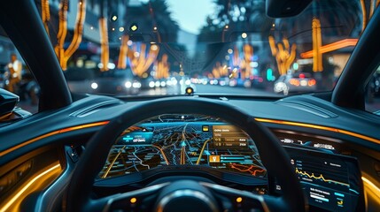 A close - up of a UHD digital display inside a hybrid car, highlighting real - time energy consumption and eco - driving  - obrazy, fototapety, plakaty