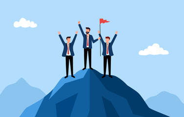 Business achievement concept. Business people standing on mountain peak with winner flag. Success team work.