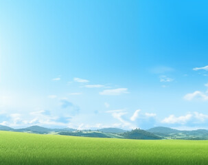 Fototapeta na wymiar Clear sky scenery background. Green meadow, mountain ranges and blue sky. Used for backdrops, posters, postcards, brochures and wallpapers.