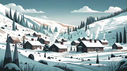A snow-covered valley, where a series of cozy cabins are nestled, surrounded by tall trees and a gentle, sloping landscape. For print, design, and fabric. - obrazy, fototapety, plakaty