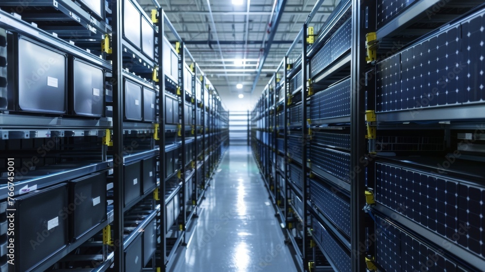 Poster rows of racks filled with neatly organized solar panel components waiting to be assembled into the f