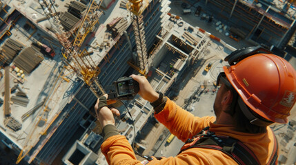 Closeup of a construction worker using a remote control to fly a drone above a building under construction. The drones camera is positioned to capture a topdown view of the - obrazy, fototapety, plakaty