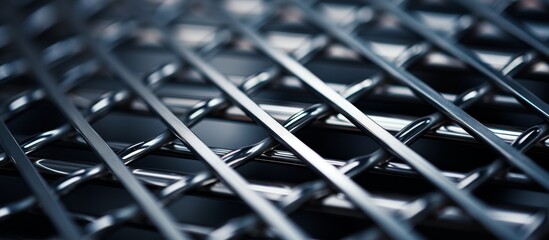 A detailed shot of a metal mesh grille against a black background, showcasing the intricate pattern and engineering of the automotive tire design in electric blue - Powered by Adobe