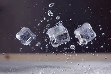 Ice cubes with splashes suspended in air on dark background.
