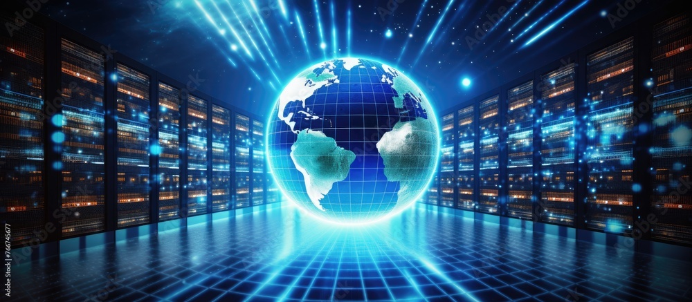 Poster a computergenerated image of an electric blue globe glowing in a data center, showcasing visual effe