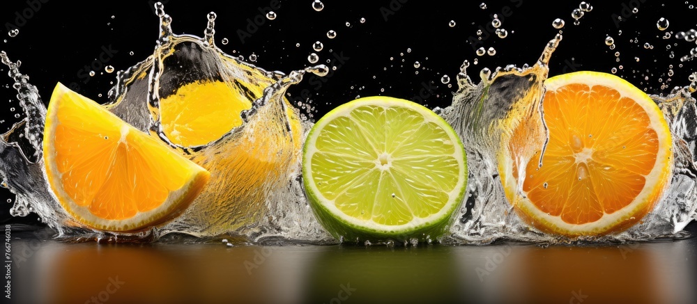 Poster oranges and limes are getting splashed with refreshing water, creating a dynamic and vibrant image o