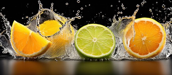 Oranges and limes are getting splashed with refreshing water, creating a dynamic and vibrant image of citrus fruits being cleaned