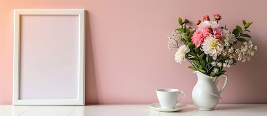 Picture frame adorned with flowers in a vase and a coffee cup showcased on a white table with empty room for text and customization for your blog.
