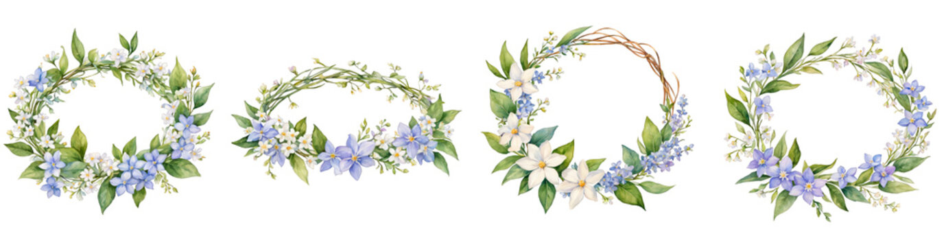 4 Boho chic floral crown, with jasmine and forget-me-not flowers, botanical illustration, watercolor clipart, Lauren wreath, cutout on white background, floral decorative element, for scrapbook, craft