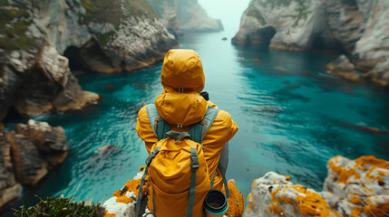 A lone adventurer in a yellow raincoat stands at the edge of a cliff, gazing out at the tranquil...