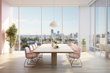 A sleek meeting room with a combination of white and pastel pink walls, sleek wooden furniture, and...