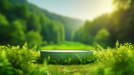 Podium displaying product advertisement on blurred background of green jungle